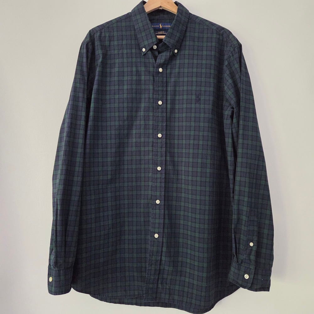 Ralph Lauren Button Down Shirt Green Blackwatch Plaid Cotton Mens XL